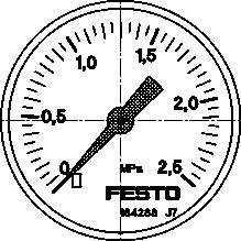 Ein runder Manometer mit Skala von 0 bis 2,5 auf bar. Der Zeiger zeigt auf 0,8 bar. Unten steht 'Festo' und Modellnummer.