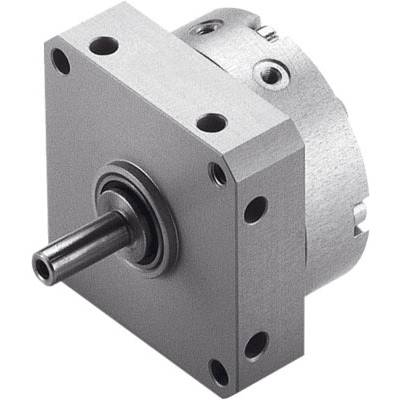 Viereckiger Hydraulikmotor aus Metall mit rotierender Welle in der Mitte. Mehrere Schraubenlöcher an den Seiten.
