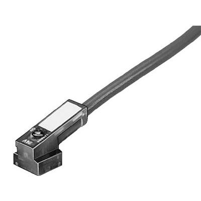 Ein elektronischer Sensor mit Kabel, schwarzer Halterung und durchscheinendem Gehäuse, geeignet für die Erkennung von Objekten.