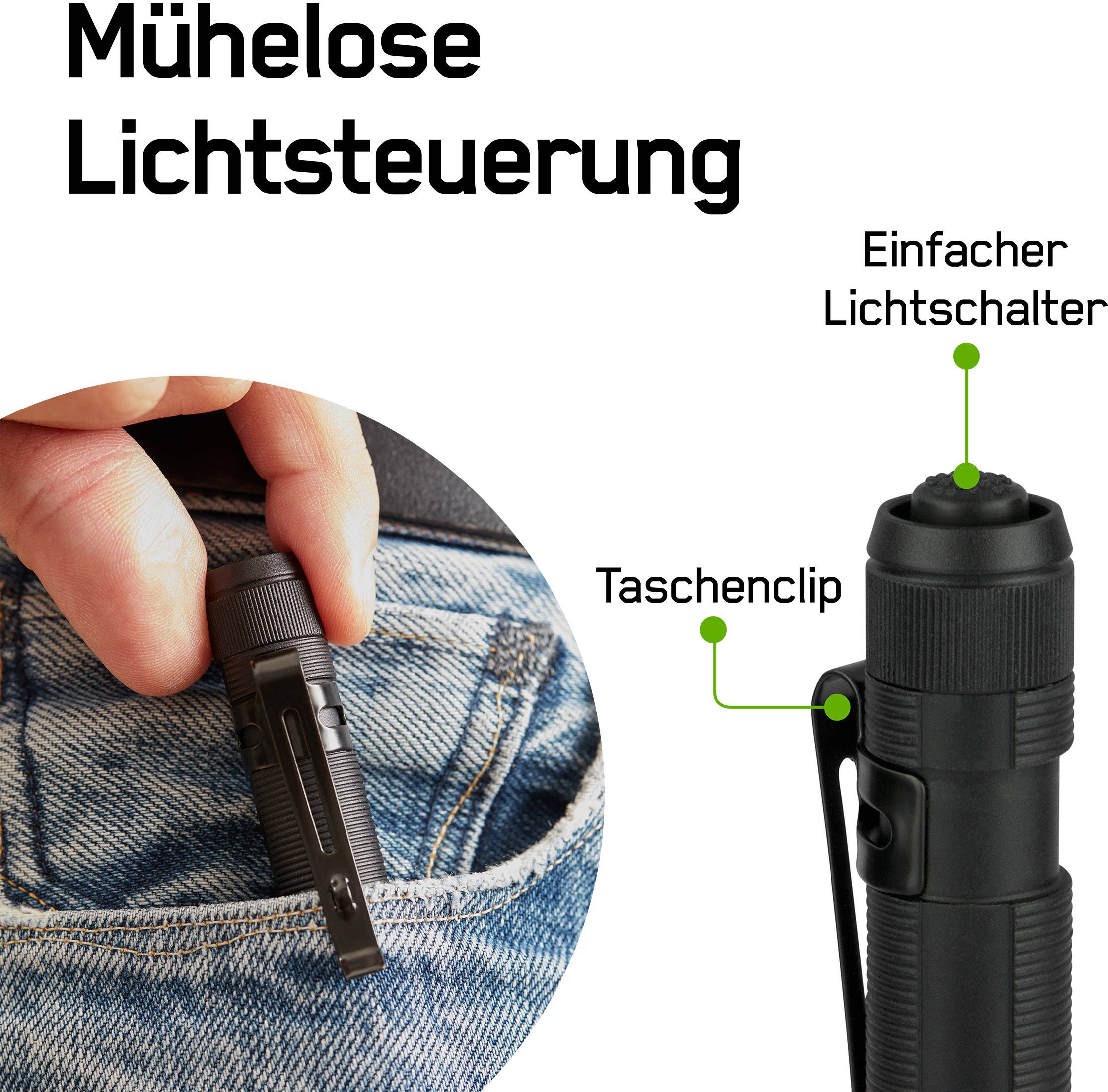 'Taschenlampe mit Taschenclip' - Eine Hand befestigt eine kompakte Taschenlampe mit Clip an einer Jeanstasche. Oben steht 'Mühelose Lichtsteuerung' und 'Einfacher Lichtschalter'.