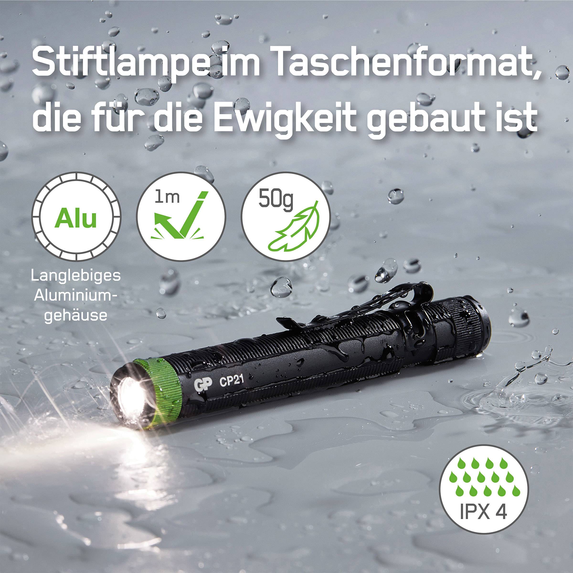 Stiftlampe auf nasser Oberfläche, mit Text 'Stiftlampe im Taschenformat, die für die Ewigkeit gebaut ist'. Symbole: wasserfest, leicht, langlebig.