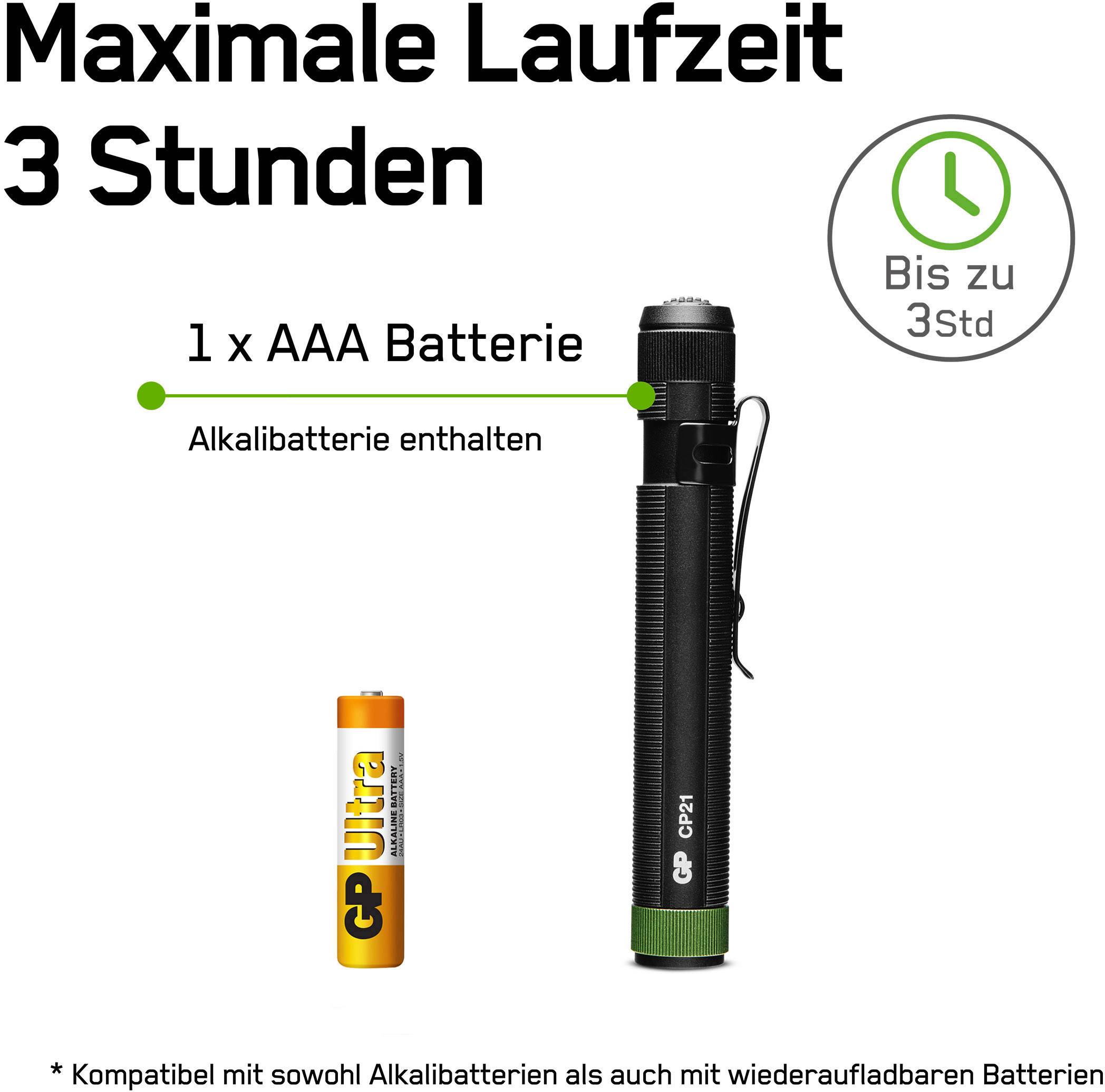 Beschreibung einer Taschenlampe mit maximaler Laufzeit von 3 Stunden. Betrieben mit 1 x AAA-Batterie, Alkalibatterie enthalten.