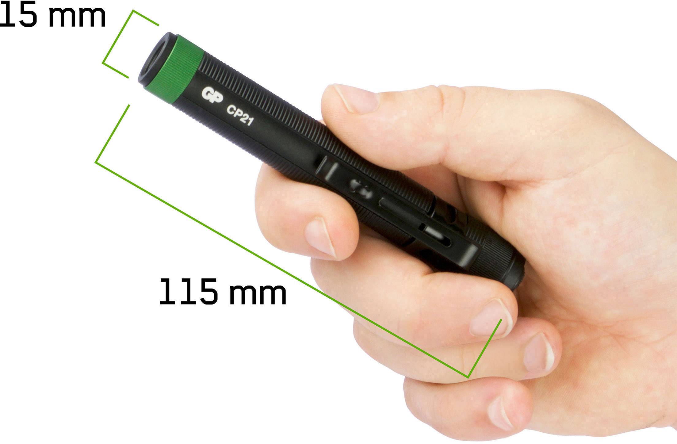 Eine Hand hält einen schwarzen Laserpointer mit grünem Knopf. Text zeigt Maße: 15 mm Durchmesser, 115 mm Länge.