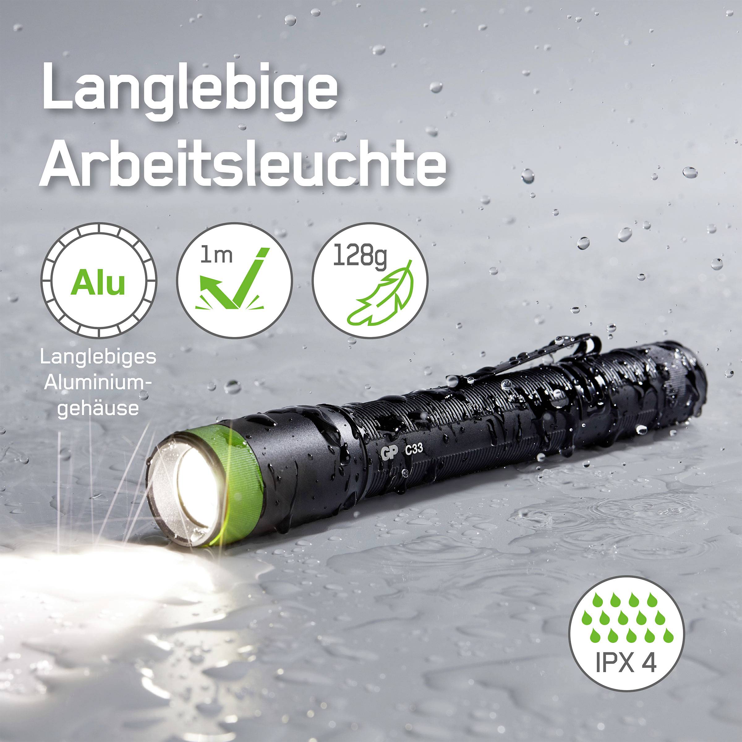 Langlebige Arbeitsleuchte, schwarzes wasserfestes Aluminiumgehäuse, 1m stoßfest, 128g, mit IPX4-Schutz gegen Spritzwasser.