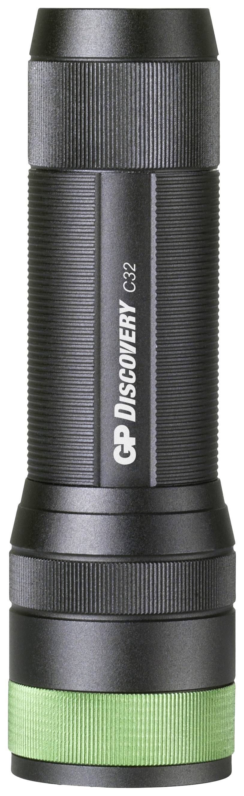 Schwarze Taschenlampe mit grünem Ring, Modell 'GP Discovery C32', kompakt und aus Metall gefertigt, geeignet für Outdoor-Aktivitäten.