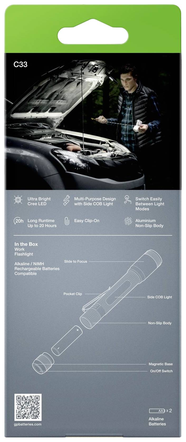 Eine Verpackung zeigt eine Taschenlampe mit nebenstehenden Funktionen. Ein Mann arbeitet bei Nacht an einem Auto.