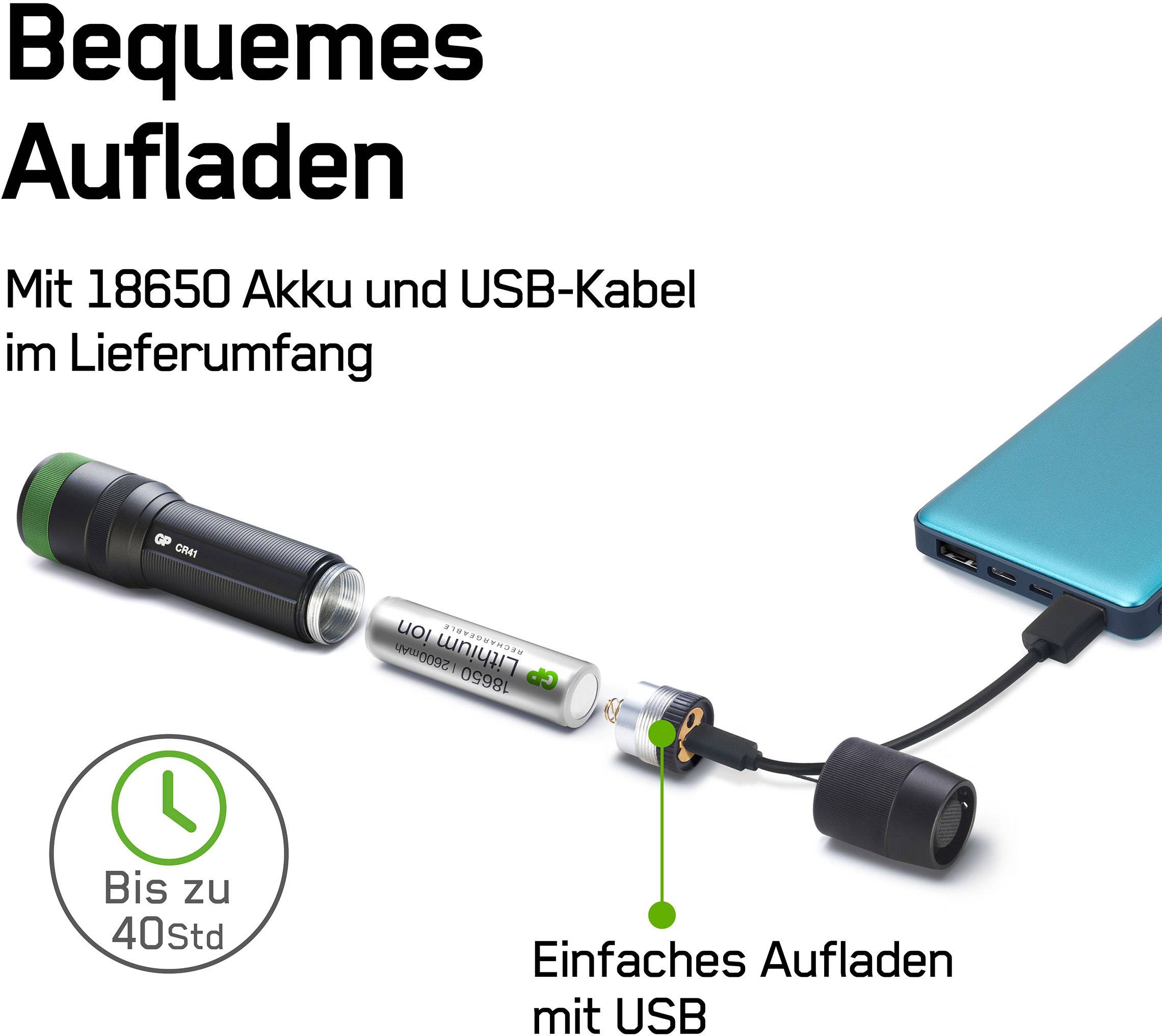 Taschenlampe mit Akku, USB-Kabel, und Powerbank. Text: 'Bequemes Aufladen', 'Mit 18650 Akku und USB-Kabel', 'Einfaches Aufladen mit USB'.