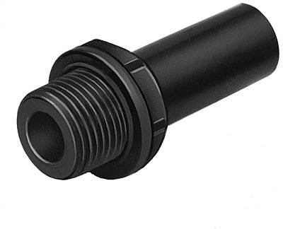 Schwarzes Zylinderrohr mit Außengewinde, vermutlich ein Verbindungsstück oder Adapter.