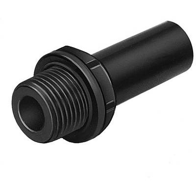 Schwarzes Zylinderrohr mit Außengewinde, vermutlich ein Verbindungsstück oder Adapter.