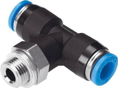 T-Stück für Pneumatik mit zwei blauen und einer metallischen Anschlussöffnung.
