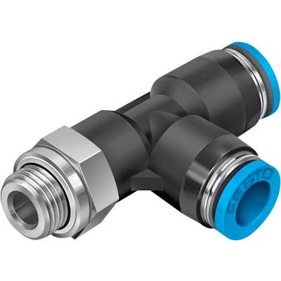 Dreiwege-Pneumatikverbinder mit metallischem Gewinde auf einer Seite und zwei blauen Schnellkupplungen auf der anderen Seite.