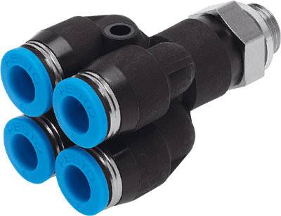 Ein schwarzer pneumatischer Fitting mit vier blauen Anschlüssen, die in einem Y-förmigen Design angeordnet sind. Verbindungsstück aus Metall.