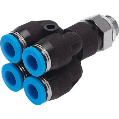 Ein schwarzer pneumatischer Fitting mit vier blauen Anschlüssen, die in einem Y-förmigen Design angeordnet sind. Verbindungsstück aus Metall.