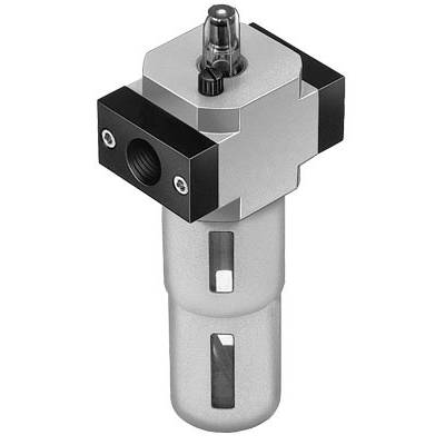 Industriefilter aus Metall mit Glasfenstern zur Kontrolle des Inneninhalts, verwendet in pneumatischen Systemen zur Reinigung.
