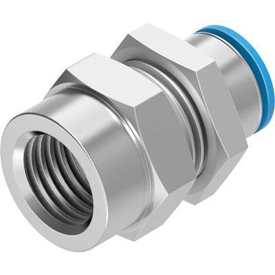 Metall-Steckverbindung, bestehend aus einem zylindrischen Körper mit einem blauen Ring am Ende, verwendet für Rohrsysteme.