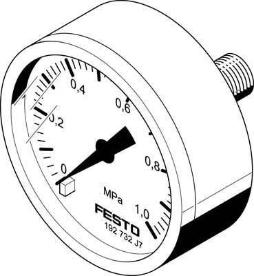 Ein runder Druckmesser zeigt einen Bereich von 0 bis 1,0 MPa an. Der Zeiger steht bei 0,5 MPa. Unten steht 'Festo' und '192 732 J7'.
