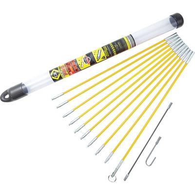 Bild zeigt ein Set von gelben Kabel-Einziehstäben mit Metallspitzen, einem Haken und einer Aufbewahrungsröhre. Verwendet für Elektroarbeiten.
