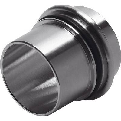 Metallischer Zylinder mit glatter Oberfläche, möglicherweise ein Maschinenteil oder Zubehör, auf weißem Hintergrund dargestellt.