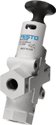 Ein pneumatisches Festo-Ventil mit Handgriff, Druckangabe 10 bar, Beschriftung 'MADE IN USA', für industrielle Anwendungen.