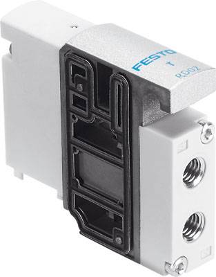 Ein pneumatisches Ventil von Festo, Modellnummer V002. Es hat zwei Anschlüsse und ist in einem rechteckigen Gehäuse integriert.