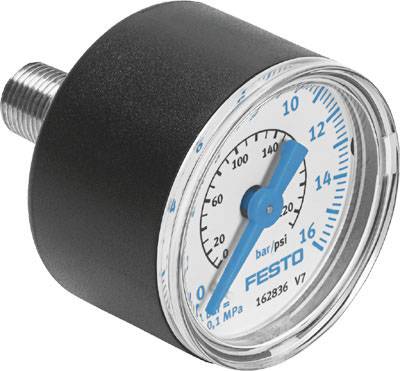 Rundes Manometer zeigt Druck in bar und psi, Markenname 'FESTO'. Skala von 0 bis 16 bar und 0 bis 220 psi. Metallgehäuse.