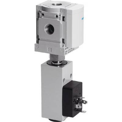 Ein rechteckiges, silbernes mechanisches Bauteil mit einem runden Anschluss und einem schwarzen elektrischen Anschluss unten. Verwendung für Steuerungssysteme.