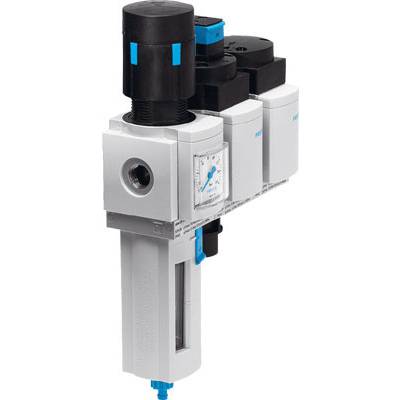 'Druckluftfilter mit Manometer, Druckregler und Entwässerungsventil in einem Modul. Hauptfarben: weiß, schwarz, blau. Technisches Gerät.'
