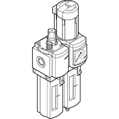 Zeichnung eines Druckluftwartungsgeräts mit Manometer und zwei Filtern.