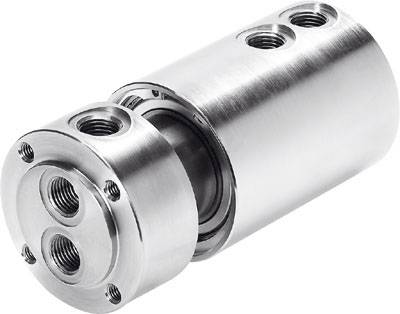 Silberner, zylindrischer Drehdurchführungskomponente aus Metall mit mehreren Anschlussgewinden, verwendet für hydraulische Anwendungen.