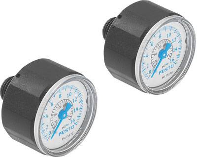 Zwei schwarze Manometer von Festo mit blauen Zifferblättern zeigen Druckmesswerte an.