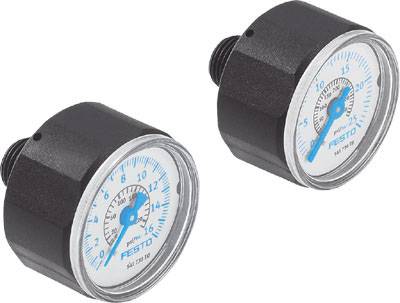 Zwei analoge Manometer der Marke Festo messen unterschiedlichen Druck mit blauen Skalenmarkierungen auf schwarzen Gehäusen.