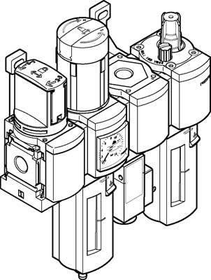 Strichzeichnung eines Luftdruckreglers mit mehreren Ventilen und Manometer. Industriekomponente zur Steuerung von Druckluftsystemen.