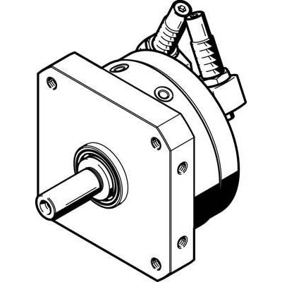 Illustration eines mechanischen Getriebes mit Welle und Befestigungsschrauben, zeigt technische Details und Anschlussmöglichkeiten.