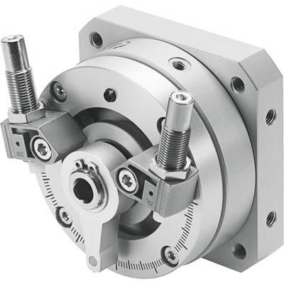 Metallischer Maschinenbauteil mit drehbaren Elementen und Skalen. Verfügt über Befestigungsbolzen und präzise Eingriffspunkte.
