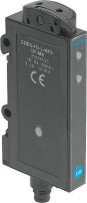 Abbildung eines schwarzen Festo-Sensors mit CE-Kennzeichnung. Gerät ist rechteckig und zeigt spezifische Modell- und Spannungsangaben.