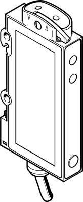 Zeichnung eines elektrischen Gerätes mit einem Schalter oben und Befestigungslöchern an den Seiten, möglicherweise ein Lichtschalter.