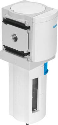 Industriefilter in zylindrischer Bauform mit transparentem Sichtfenster und blauer Taste; dient zur Luftreinigung in Geräten.