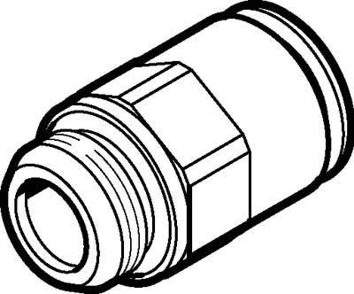 Ein technisches Diagramm eines zylindrischen Metallanschlusses mit sechseckiger Mutter und Gewinde, vermutlich für Rohrverbindungen.