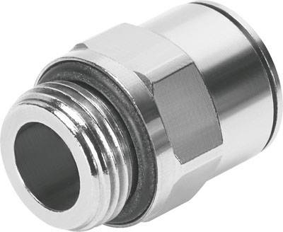 Metallischer Steckverbinder mit Außengewinde. Geeignet für den Einsatz in pneumatischen Systemen zur sicheren Verbindung von Schläuchen.