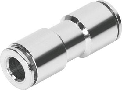 Ein verchromtes Metallrohrstück mit zwei Öffnungen, das in hydraulischen oder pneumatischen Systemen verwendet werden könnte.