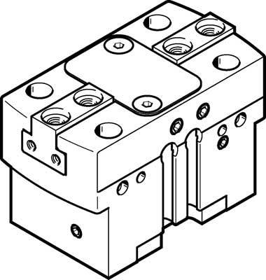 Eine technische Zeichnung eines mechanischen Bauteils, möglicherweise ein Greiferblock, mit mehreren Bohrungen und Details zur Montage.
