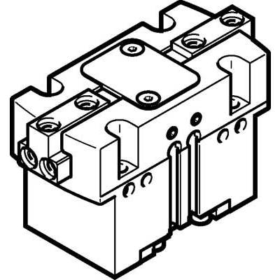 Technische Zeichnung eines elektromechanischen Relais mit Befestigungspunkten, Schrauben und Anschlüssen für den elektrischen Anschluss.