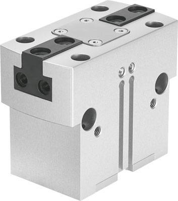 Silberner mechanischer Greifer mit mehreren Schrauben und Öffnungen, geeignet für industrielle Anwendungen in der Automatisierungstechnik.
