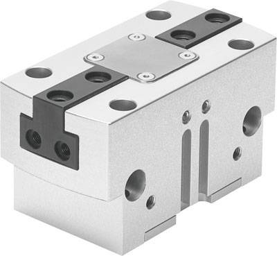Ein rechteckiger pneumatischer Greifer mit mehreren Schraubenlöchern und glatter Metalloberfläche, geeignet für präzise Industrieanwendungen.