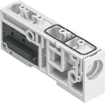 Ein weißes Kunststoffteil mit mehreren Öffnungen und schwarzen Dichtungen, vermutlich ein technisches Bauteil.
