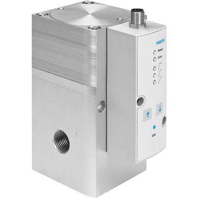 Ein elektrisches Ventil mit Festo-Logo. Es hat mehrere LED-Anzeigen und einen Anschluss oben. Hergestellt aus Metall mit rechteckiger Form.