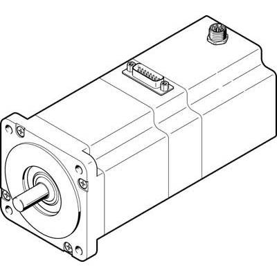 Ein schematisches Diagramm eines Elektromotors mit Anschlusssteckern und Welle, die aus der Vorderseite hervorsteht.
