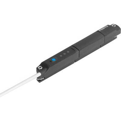 Ein schwarzer, länglicher Sensor mit einem blauen Punkt und Kabel, vermutlich ein Pneumatik- oder Elektromodul von Festo.