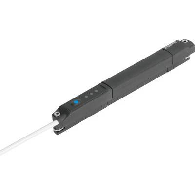 Ein schwarzer, länglicher Sensor mit blauem Knopf und Kabel.