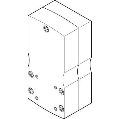 Isometrische Zeichnung eines rechteckigen Teiles mit mehreren Schraublöchern an den Seiten, vermutlich ein Gehäuse- oder Maschinenelement.